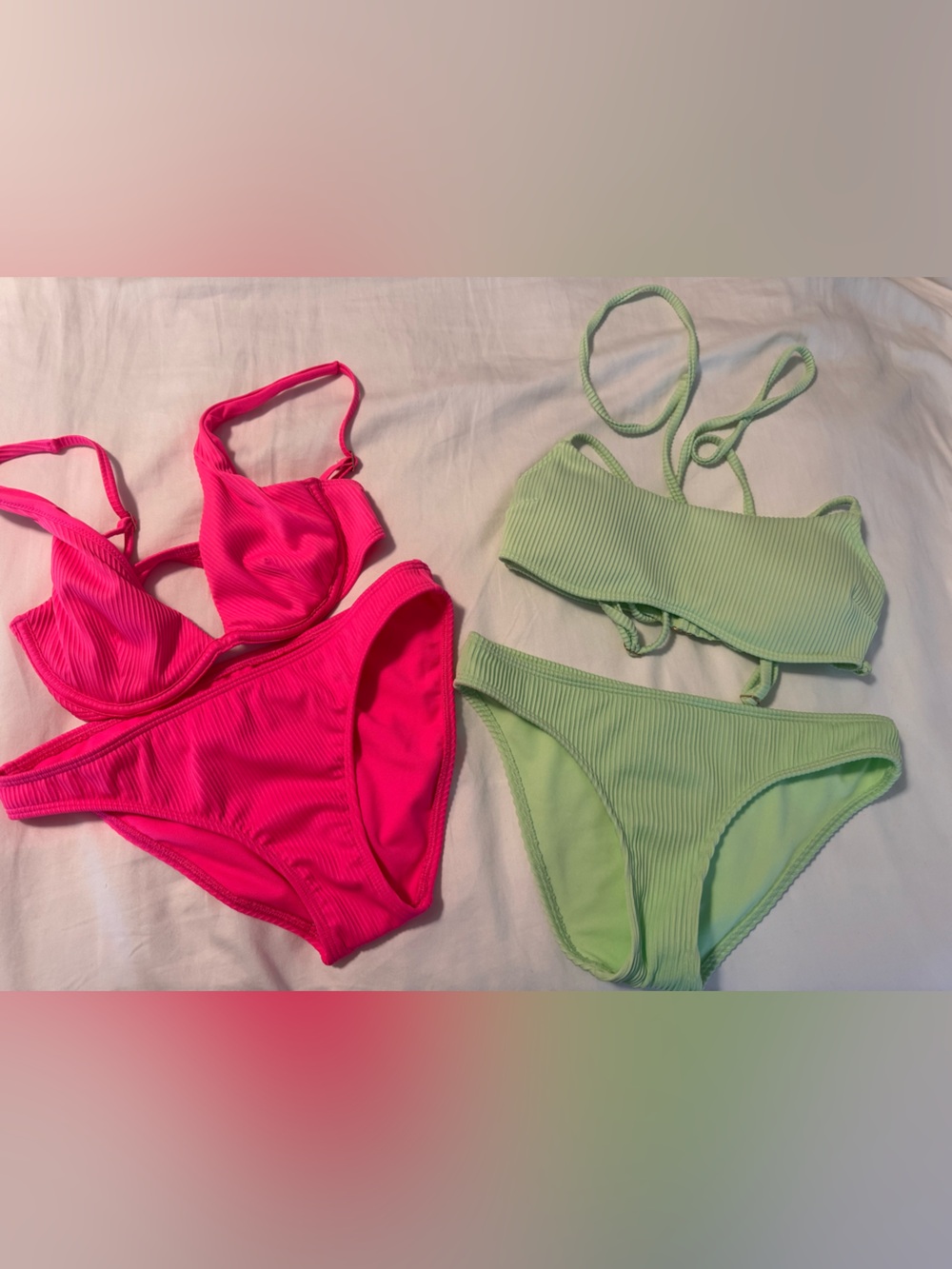 Lot of 2 Hollister Ribbed Two-Piece Swimsuits XS - Hot Pink & Light Green